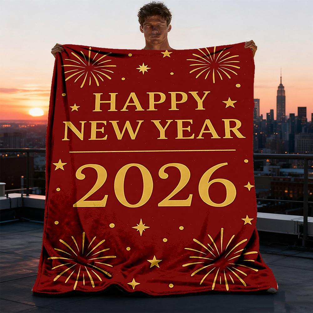 1pc New Year 2026 Outdoor Flannel Blanket Soft All Season Polyester Throw , Perfect for Picnics & Travel , Picnic Accessory