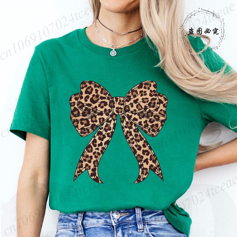 Coquette Bow Leopard Pattern Print TShirts Casual Summer Womens Short Sleeve TShirt Women Clothing Vintage Clothes Y2k Top