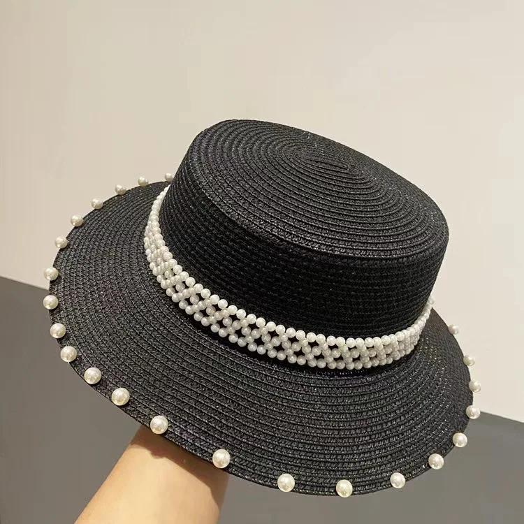 

Fashion Luxury Summer Straw Hat For Womeen Lady Pearl Chain Flat Top Bucket Hats Travel Holiday Beach Sun Cap Panama Female Adult чорний