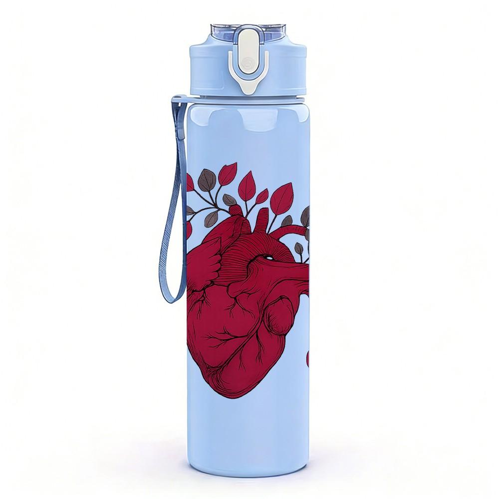 1PC Human Heart Floral Print 750ml Color Plastic Sports Water Bottle Leakproof Flip Straw Lid Suitable for Sports Office Home Use