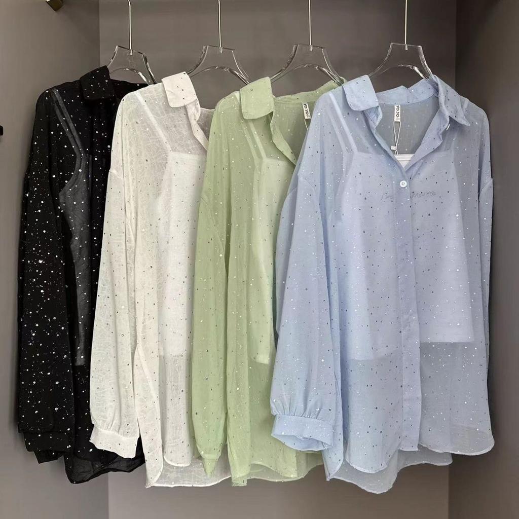 Sonnenschutzhemd Damenmode Locker Glitzernd Atmungsaktiv Langarm Sonnenschutzkleidung