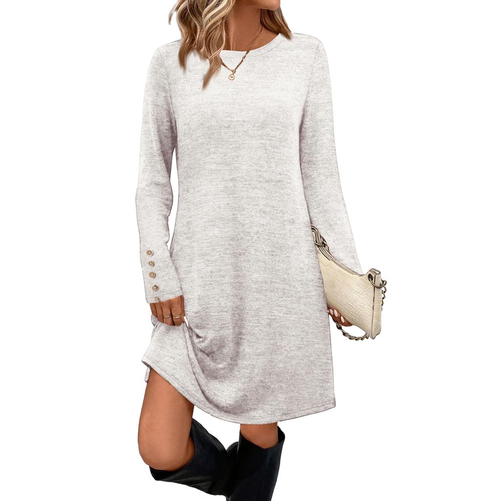 Rochie Casual de Modă pentru Femei cu Buzunare, Nasturi Decorativi, Gât Rotund, Mâneci Lungi, Culoare