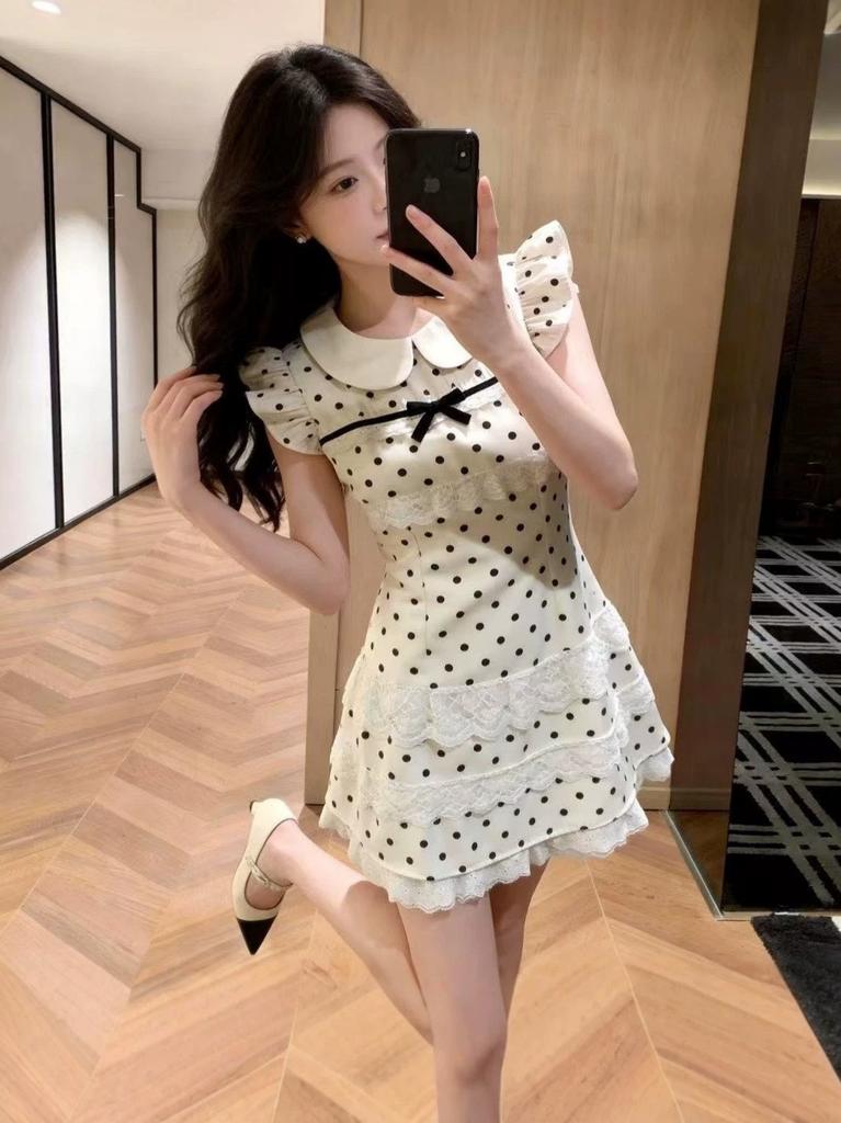 French sweet style doll collar polka dot dress women's new temperament waist thin ruffle edge short skirt