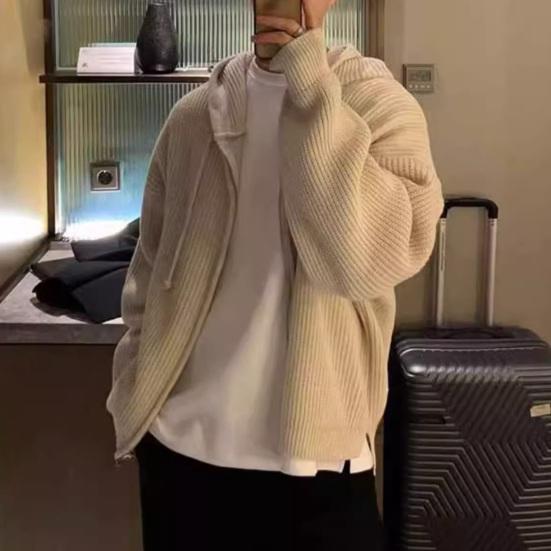 Men Fall Winter Sweater Coat Hooded Drawstring Loose Zipper Closure Long Sleeves Drawstring Mid Length Solid Color Retro Knitted Jacket