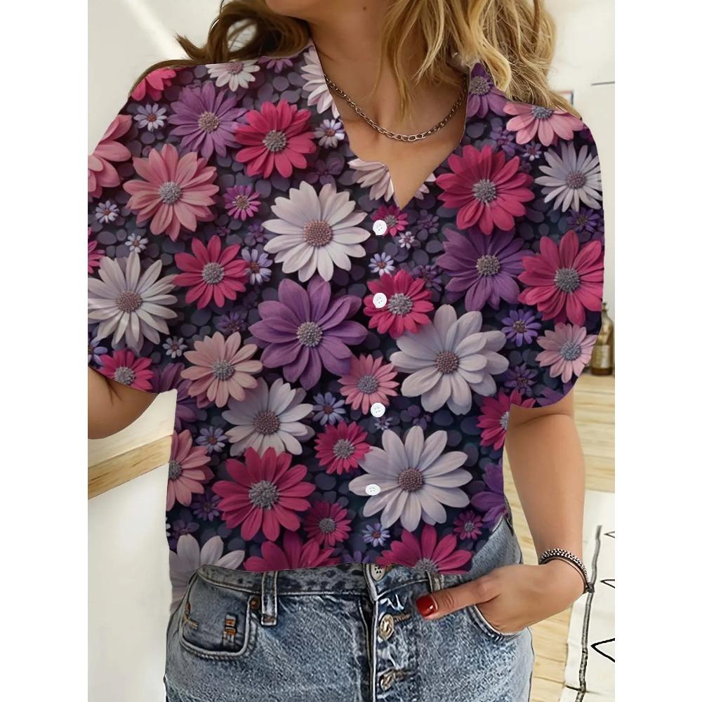 Hawaiian Womens Shirts Short Sleeve Button Floral Rose Printed Tops Casual Beach Shirts Summer New Sunflower Blouse Women's Tops