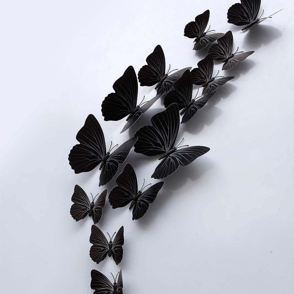 3D Black Solid Color Butterfly Wall Sticker Set - 12 Magnetic Pieces with Adhesive