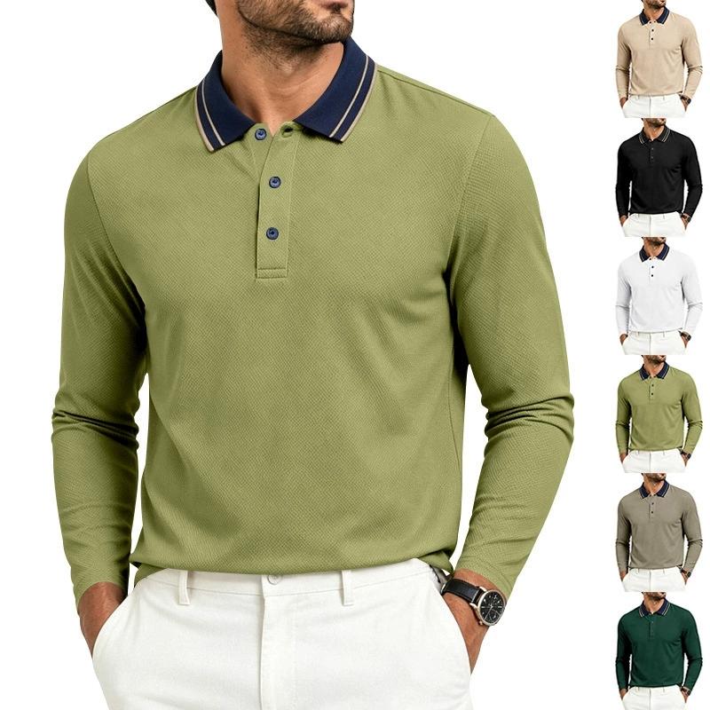 Men Striped Contrast Collar Long Sleeve Polo Shirt, 3 Button Placket Textured Lightweight Business Casual Golf Collared Top Multiple Colors