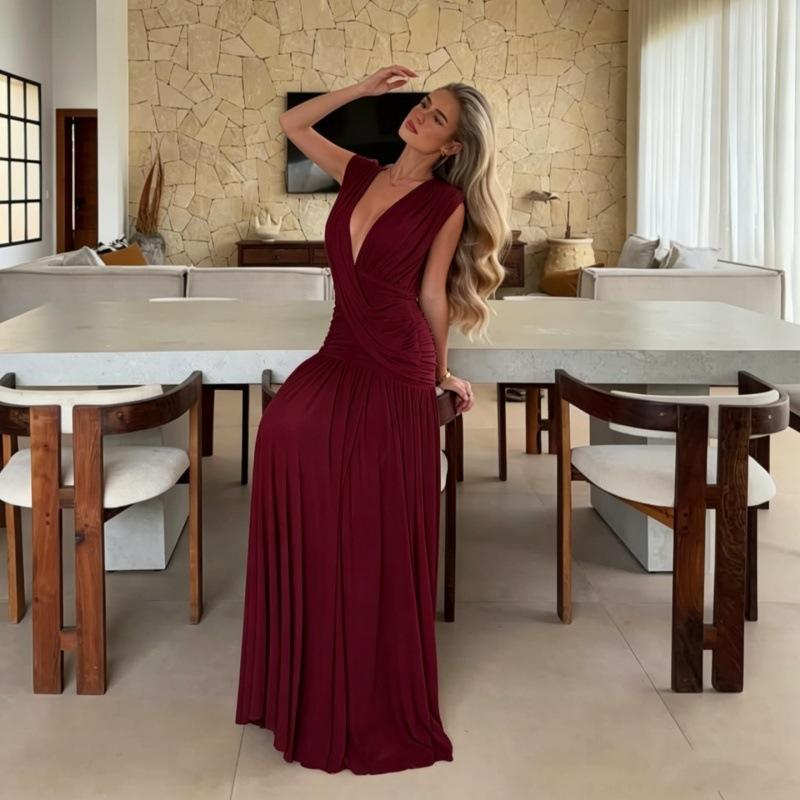 Summer new European and American women's clothing fashion solid color dark V-neck pleated slim-fitting long hip-wrapped dress