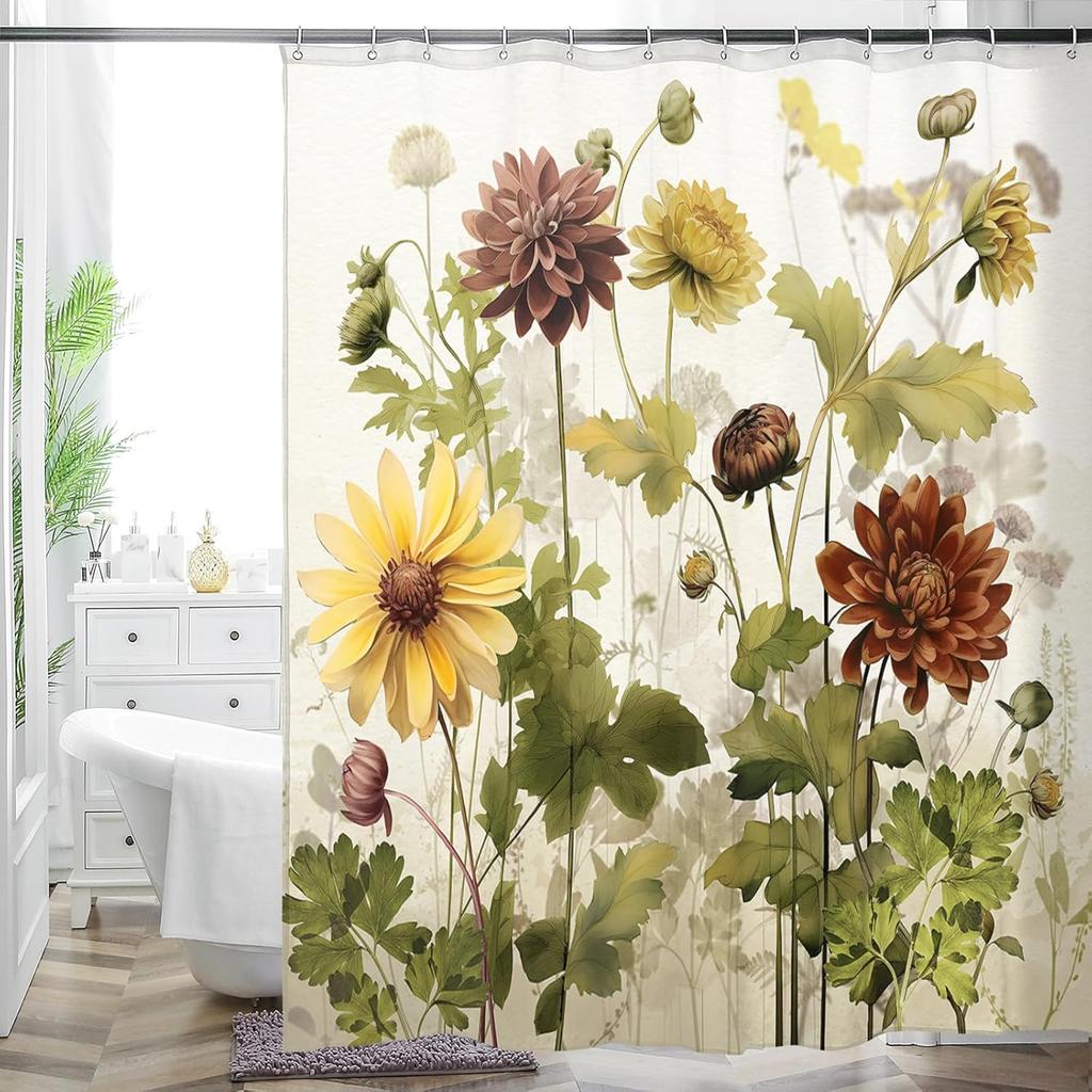 Cottage Floral Shower Curtain - Pink/Lavender Butterfly Design, Waterproof Washable Fabric, with Hooks, Modern Farmhouse Decor