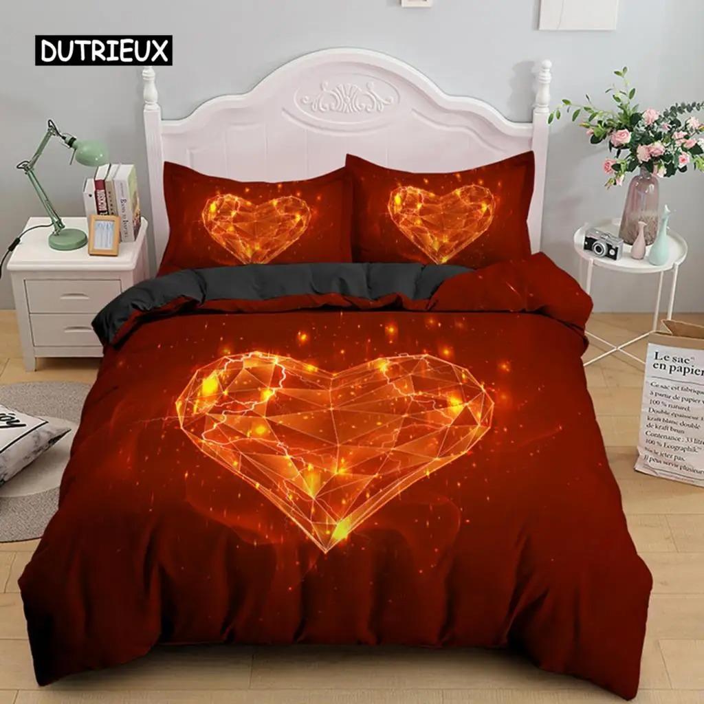3D Povlak na přikrývku Srdce Lásky Mikrovlákno Luxusní Romantické Téma Ložní Sada King Queen Pro Pár Valentýn Dekorace Ložnice