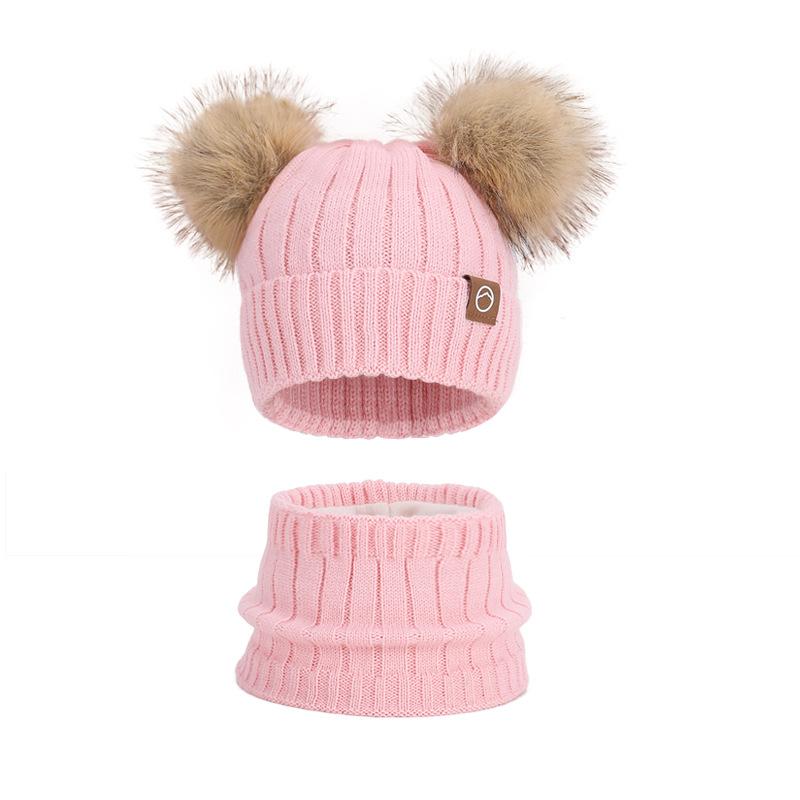 Children's hats Outdoor warm three-piece set Boys and girls fleece ear protector pullover hat Cute hairball knitted wool hat
