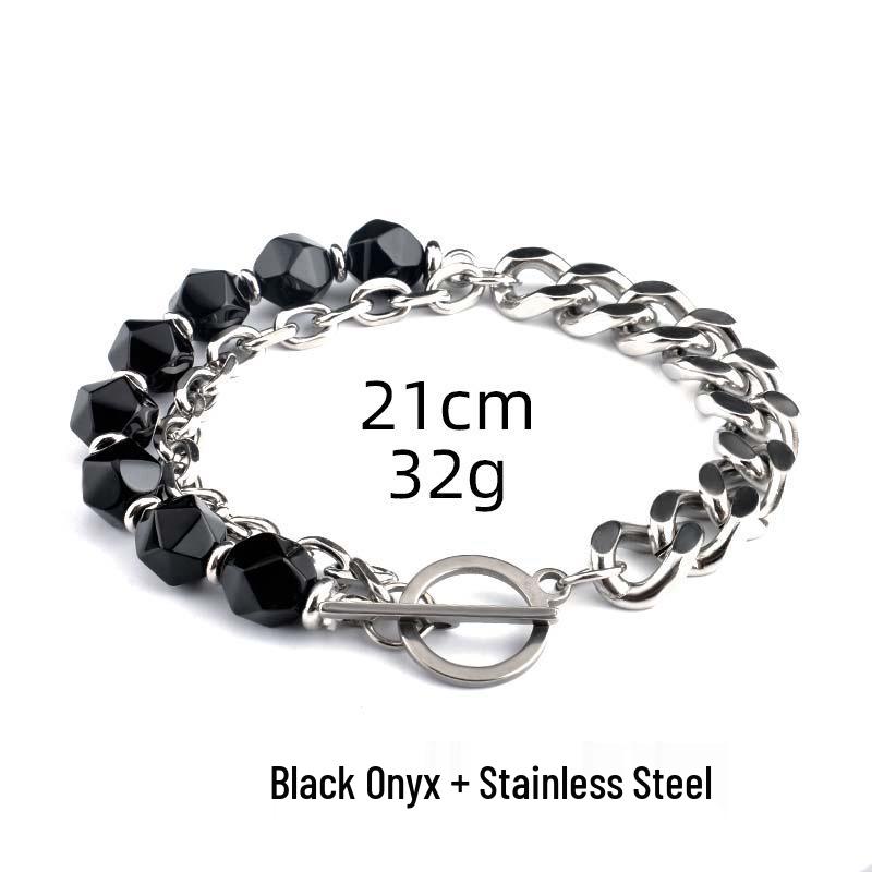 Stainless Steel Black Agate Men's Bracelet - New Chinese Style Jewelry