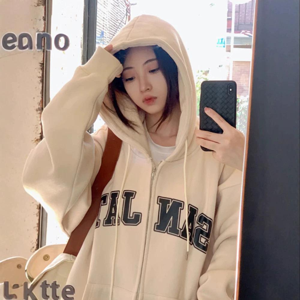Spring and Autumn Retro Style Drawstring Hoodie Design Casual Loose and Versatile Long Sleeve Letter Printed Hoodie