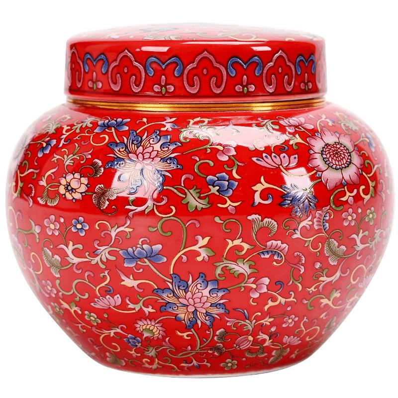 Luxury Gold-plated Ceramic Tea Canister with Climbing Lotus Painted Flowers Storage Jar Craft Desktop Ornament Storage Jar Decor