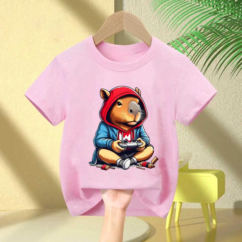 Cute Capybara Loves Bubble Tea Print Kids TShirt Summer Childrens Cartoon Shortsleeved Casual Tops Boys and Girls Clothing