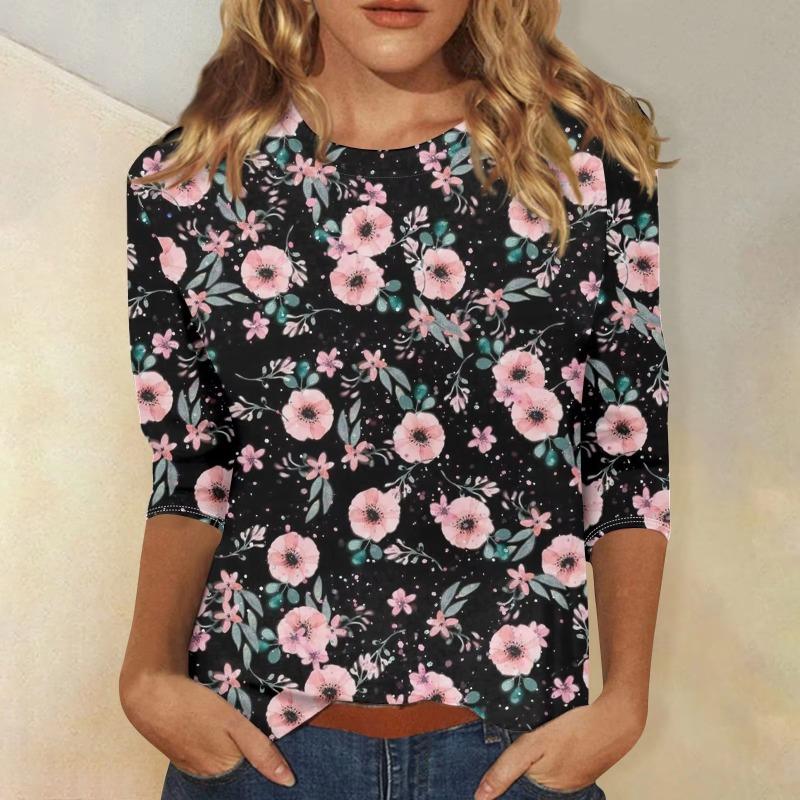 Women's floral print fashionable casual round neck long sleeved shirt