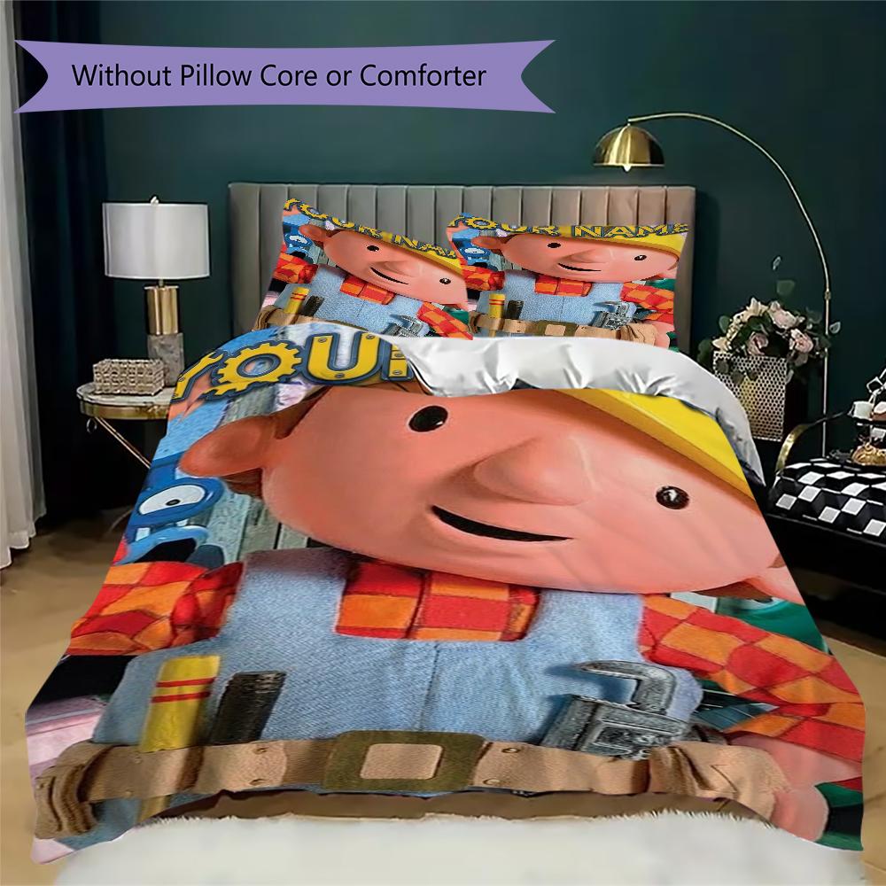 Custom Name Bob the Builder Pattern Bedding Uilt Set Uilt Cover Pillowcase Home Decoration Birthday Gift (1*duvet Cover+2*pillowcase Without Core)