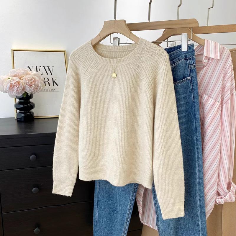 Damen Raglanärmel Rundhals Strickware - 2025 Herbst/Winter Layering Pullover, Lässiger Stil Top