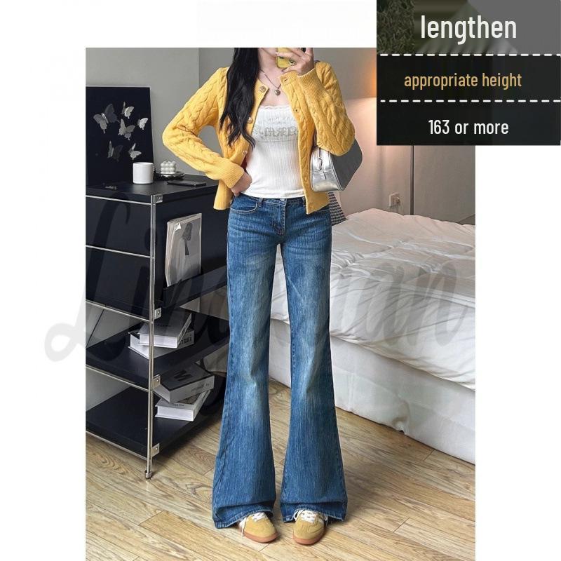 Women s Washed Low-Waist Dark Blue Micro-Flare Jeans - Bamboo Texture, Autumn Versatile, Comfortable Fit Medium