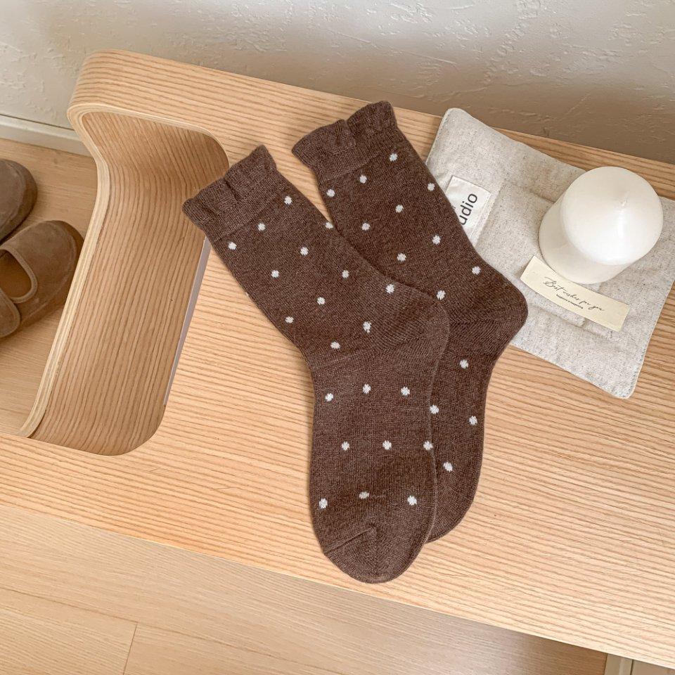 Female Autumn and Winter Thickened Warm Polka Dot Lovely Lace Wool Drum Pile Socks