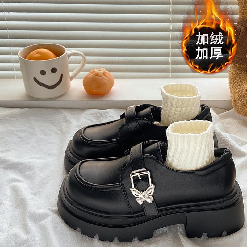 Schwarz Damen Lederschuhe mit dicker Sohle 2025 neu Frühling und Herbst Britischer Stil dicker Absatz erhöht runde Zehenpartie japanischer JK Loafer Einzelschuh