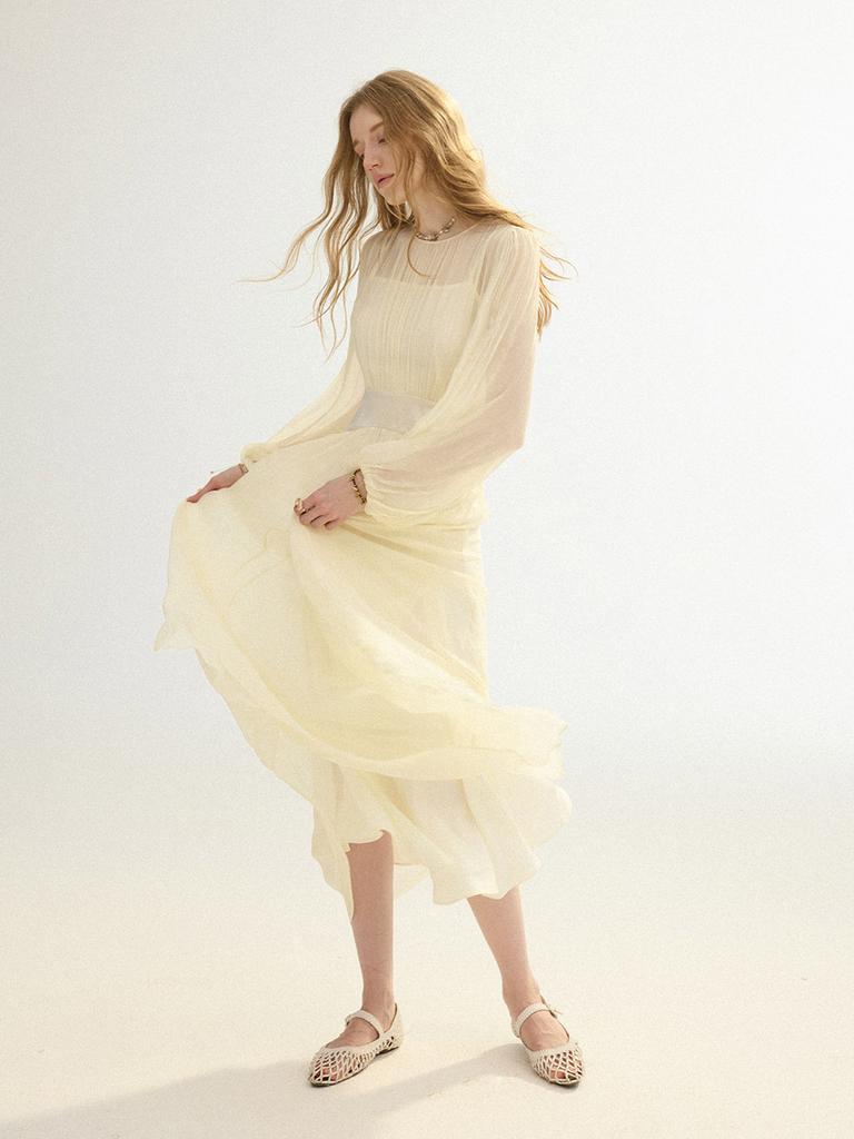 Sinseuden Wrinkle Satin Color Block Long Dress