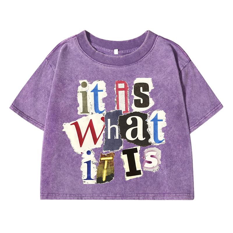 It Is What Print Women Wash Short Tshirt Breathable Soft Tee Tops Casual T-Shirt Distress Midriff-Baring O-Neck Clothes