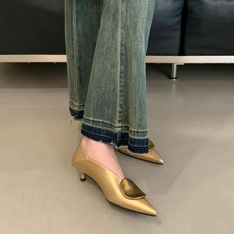 Fashion SUOJIALUN 2025 Autumn New Brand Women Pumps Shoes Fashion Gold Metal Shallow Slip On Single Shoes Thin Low Heel Dress Pumps