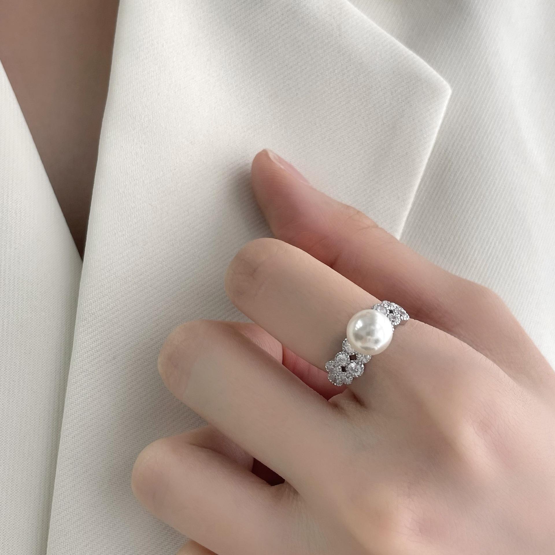 

Французское классическое кольцо из серебра S925 с жемчугом и бриллиантами для женщин, регулируемый открытый дизайн