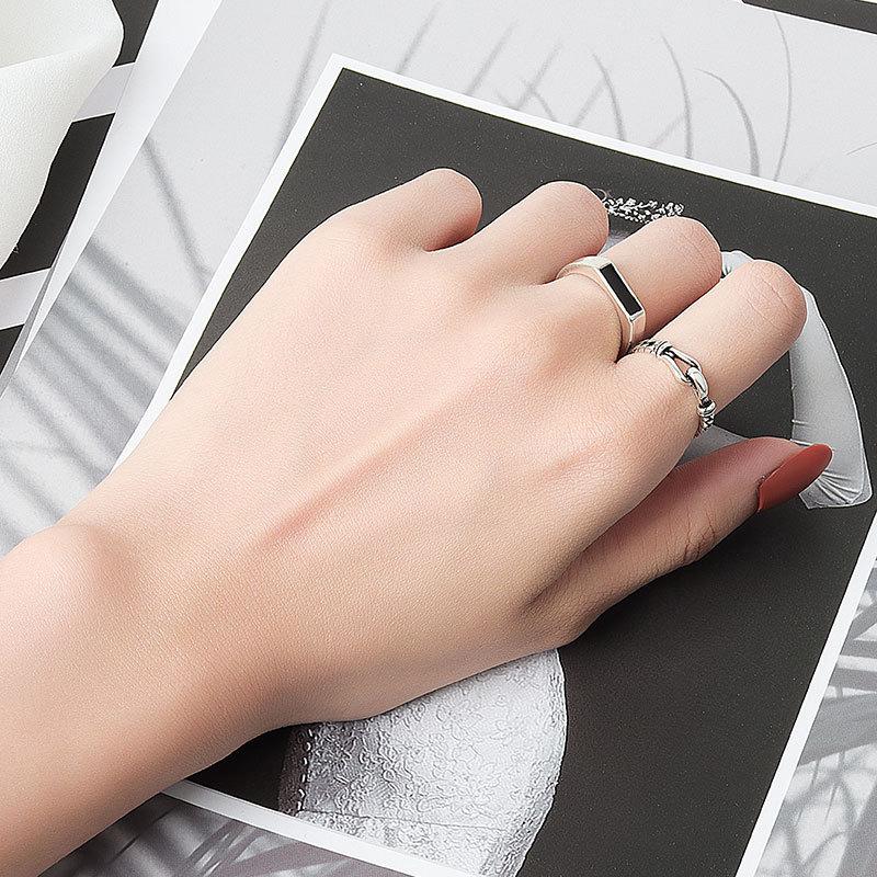BFCLUB Silver Color New Simple Vintage Rings Retro Black Stone Opening Handmade Ring Fashion Fine Jewelry