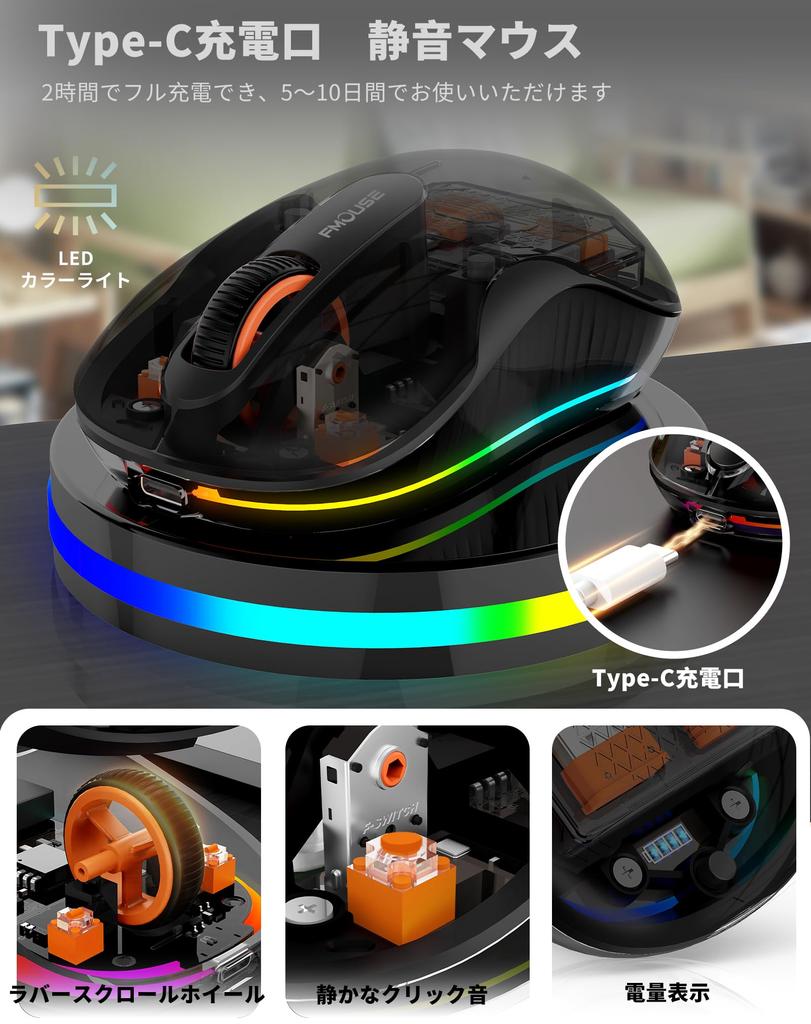 2.4G & Bluetooth Mouse: 3-Mode, Silent, Wireless, Type-C Rechargeable, 2.4GHz Optical Mouse, 3 Buttons, 4 DPI Modes, 7-Color Illumination,