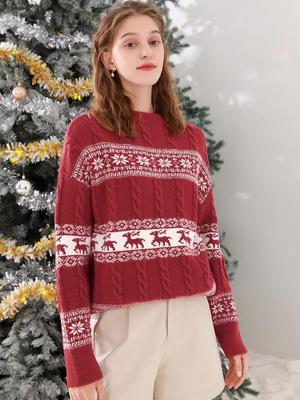 2025Wish Women's Jacquard Knit Christmas Sweater - European/American Style, Loose Fit, Long Sleeve Top, Autumn/Winter Collection