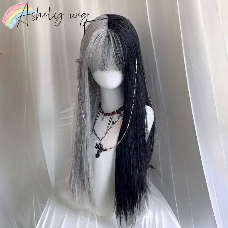 

Ashely Half Black Gray Wig with Bangs 26inch Long Straight Wigs Lolita High Temperature Fibers Synthetic Wigs forAll Saints Day (as the picture,26inches&1pc)