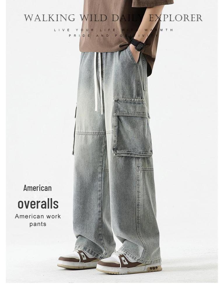 LKTM Men's Japanese Retro Multi-Pocket Workwear Jeans - Loose Straight Wide-Leg Pants