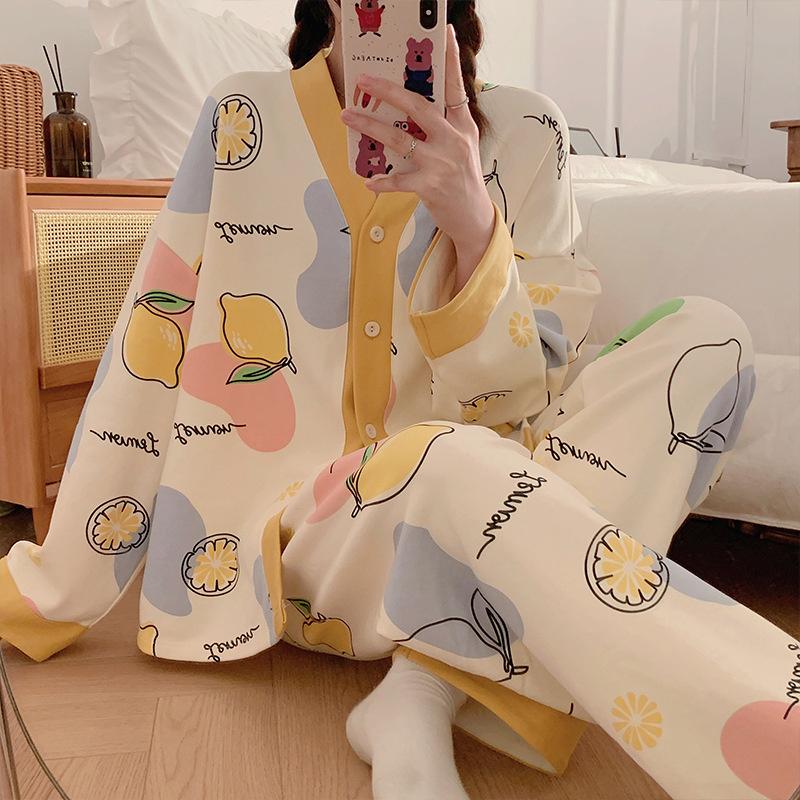 

Осень Зима Мультяшный Комплект Пижамы с Длинными Рукавами и Длинными Брюками для Сна, Свободный, Весенний, Милый, Хлопковый, Домашняя Одежда L(50-60kg) лимон