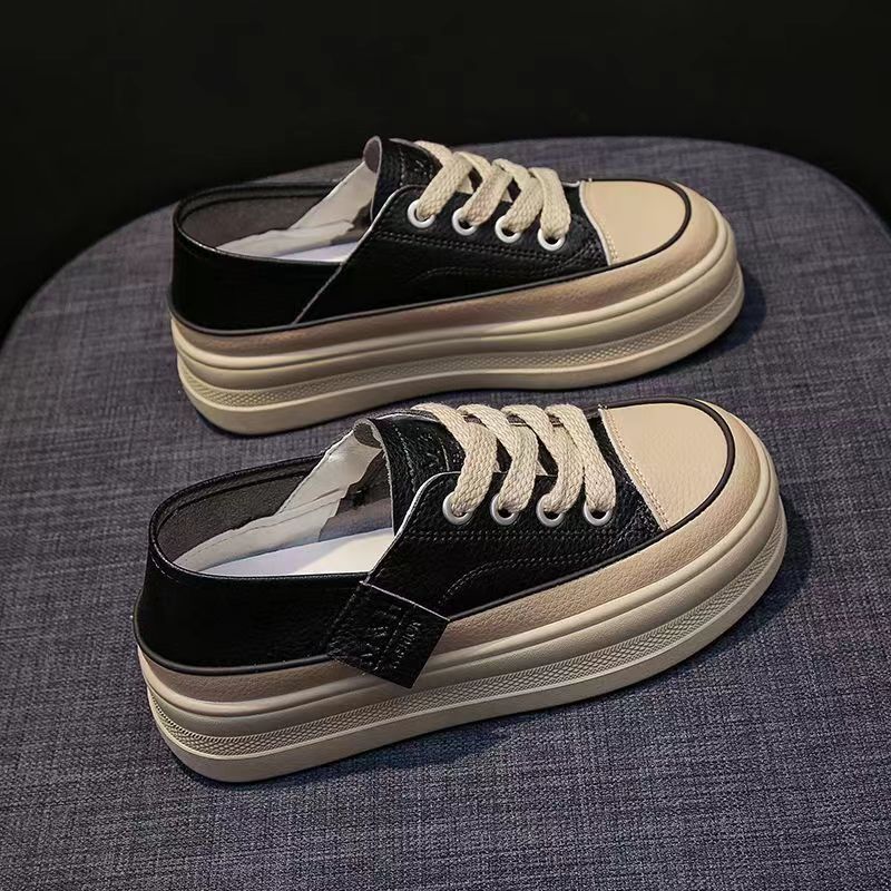 

Универсальные женские белые туфли на толстой подошве с одной педалью, надеваемые дважды в день, весна и осень 2024 года, новые дышащие повседневные туфли для скейтбординга в стиле ретро с мягкой подошвой 40 чёрный