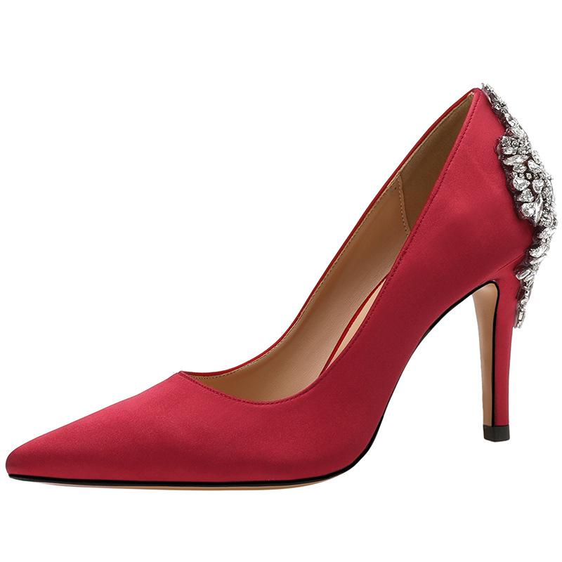 2025 New Pointed Thin Heels High Heels Satin Surface Large Rhinestone Buckle Women's Single Shoes Wedding Shoes Bridesmaid Rhinestone Fashion Shoes