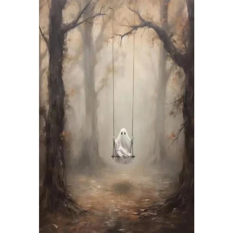 Halloween Ghost Poster Cute Ghost Forest Canvas Printing Poster Wall Art Festival Decoration Painting for Home Living Room Decor