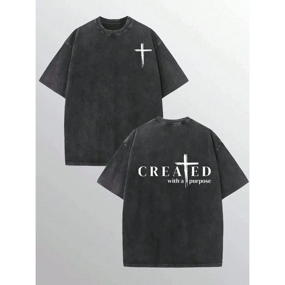 

Cross Print Short Sleeve T-shirt Men Women CREAED WITH A PURPOSSE Vintage Summer Street Men s T-shirt Washed Cotton Tops 3XL