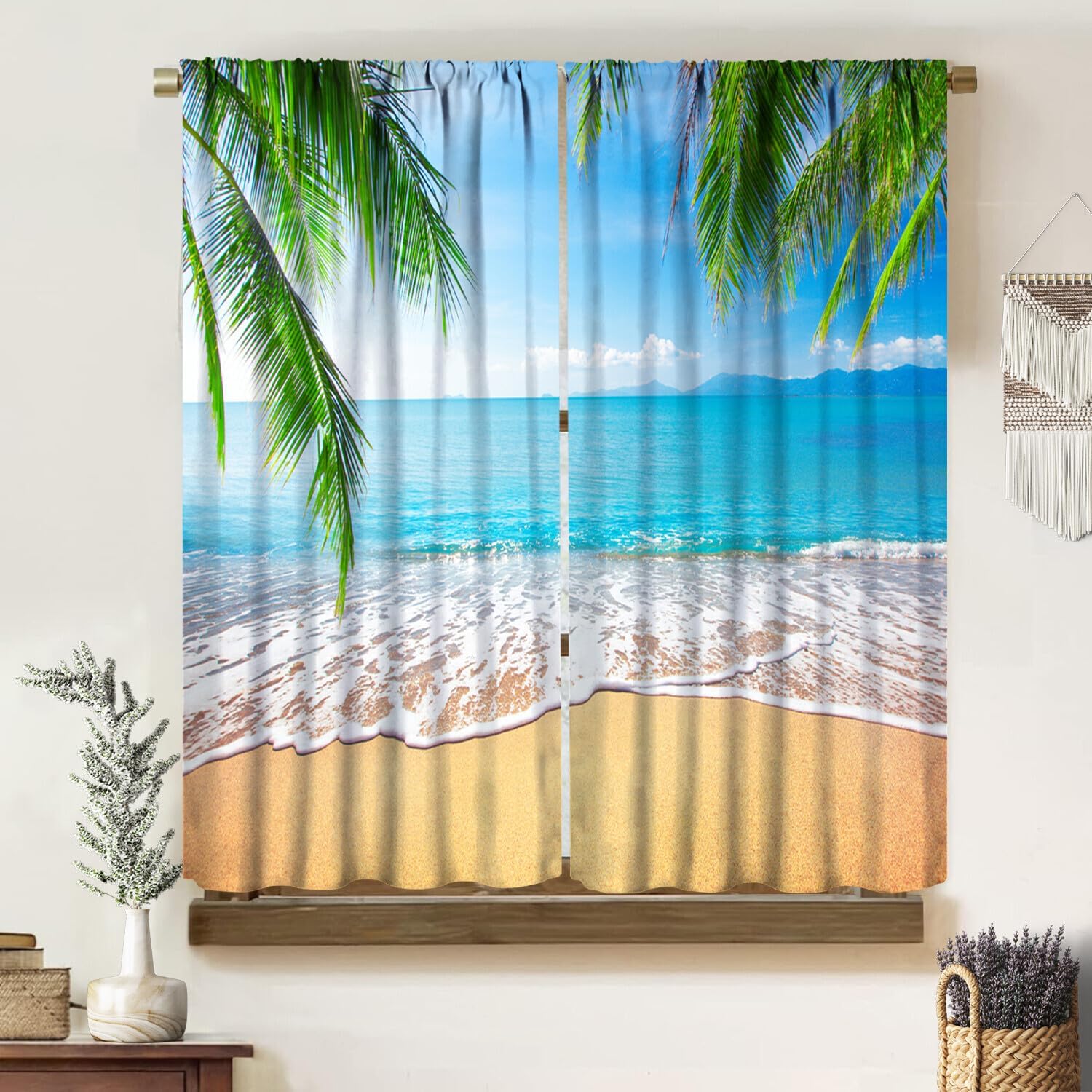 

Ocean Curtains Summer Tropical Island Palm Tree Seaside Beach Scenery Print Window Treatments Drapes Bedroom Liv Curtain For Polyester With Rod Pocket W100*H70(CM)-Rod Pocket&1PCS