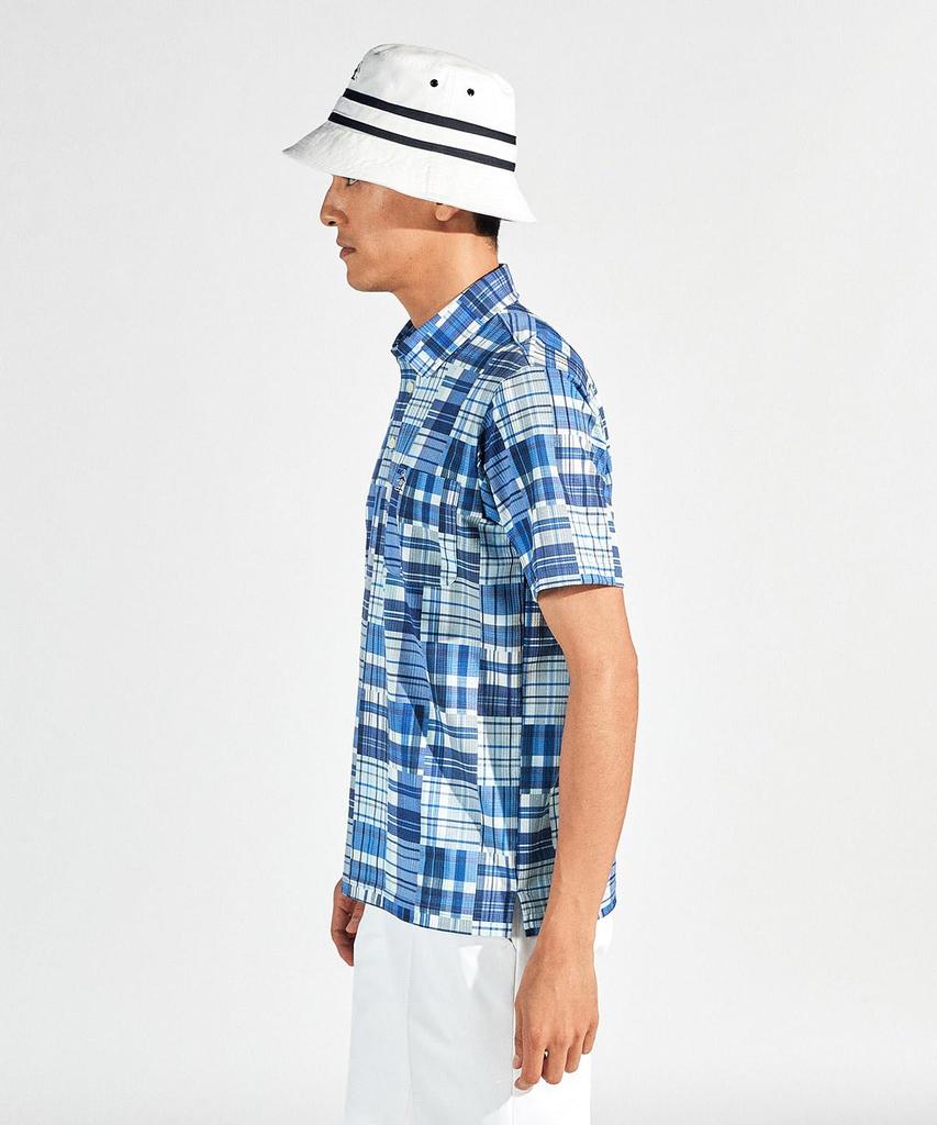 Munsingwear Short Sleeve Collared Madras Check BL00 Golf Men's Shirt, MG5SHS41M, (Blue), Moisture-Wicking, Quick-Drying, Cooling,