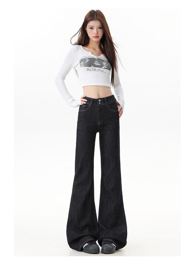 Women's 2025 Denim Blue Flare Jeans, Double Button, Slimming Floor-Length with Unique Back Pockets, Early Autumn Design.