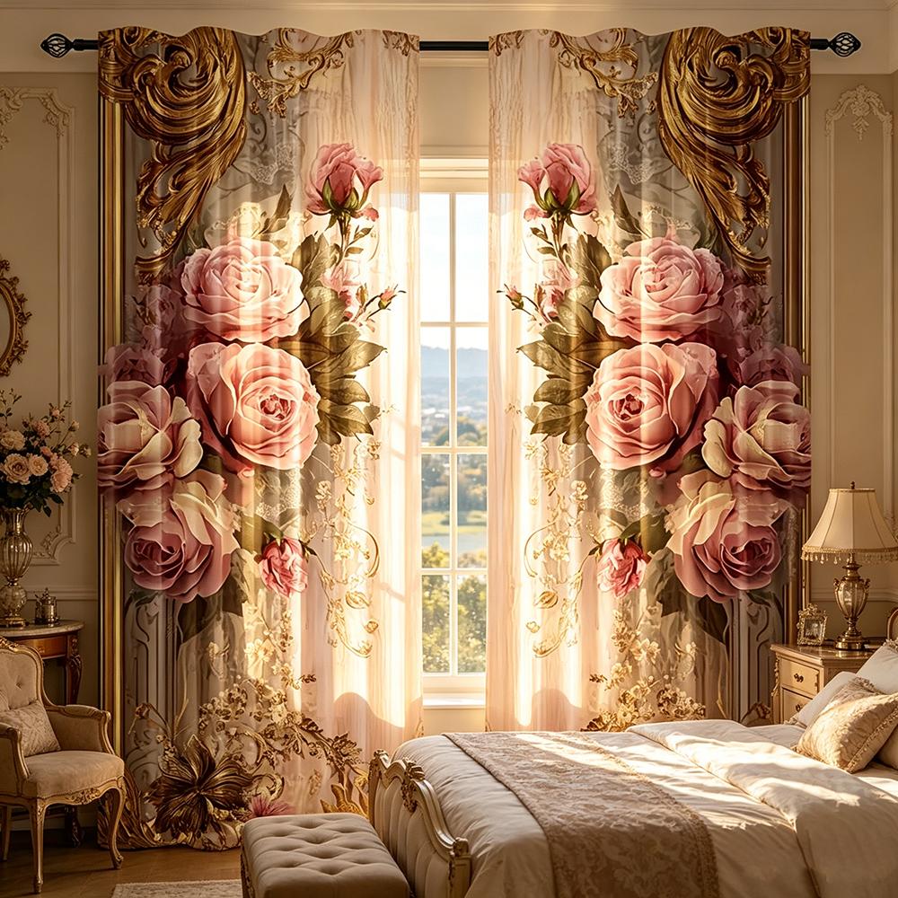 2PCS Digital Printed Curtains with Rose Manor Design, Stylish Window Drapes for Living Room Bedroom Home Decoration and Kitchen