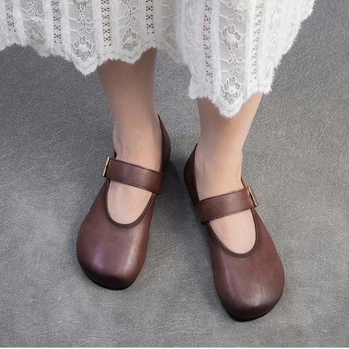 Johnature Retro Bequeme Rundspitze Flache Schuhe mit weicher Sohle Lässig Einfarbig Weiches Rindsleder Damenschuhe