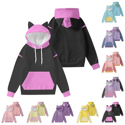 Women's Fashion Long-Sleeved Color-Blocked Printed Hooded Sweatshirt With Ears