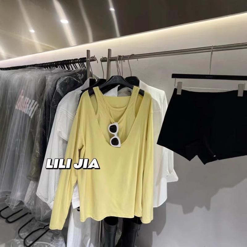 

Plus Size Autumn Two-Piece Set: Low-Neck Long-Sleeve T-Shirt with Layered Camisole Vest for Women XL сірий колір