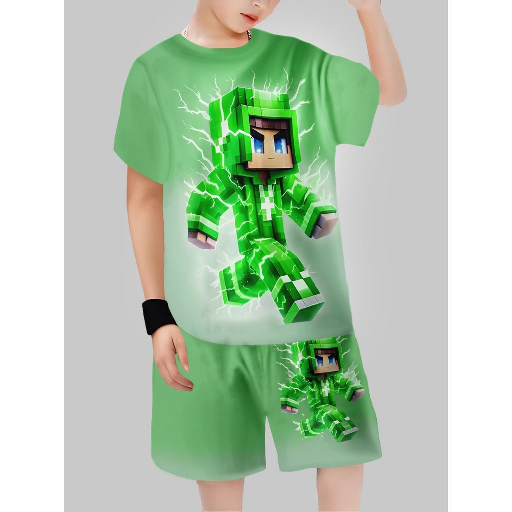Sets for Children Boys' 3D Letter Graffiti Printed Short-Sleeved Shorts  Set Casual Sports Style  Clothing