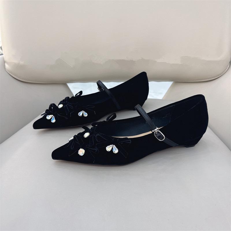 French Women's Singles Shoes 2025 Spring and Autumn New Rhinestone Temperament Pointed Toe Low-heeled Mary Jane Shoes