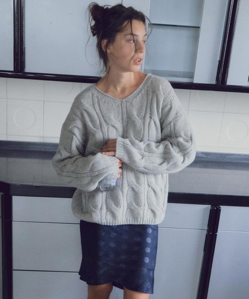 CITTA Wool Blend Cable V-Neck Knit_Ctk281(Melange Gray)