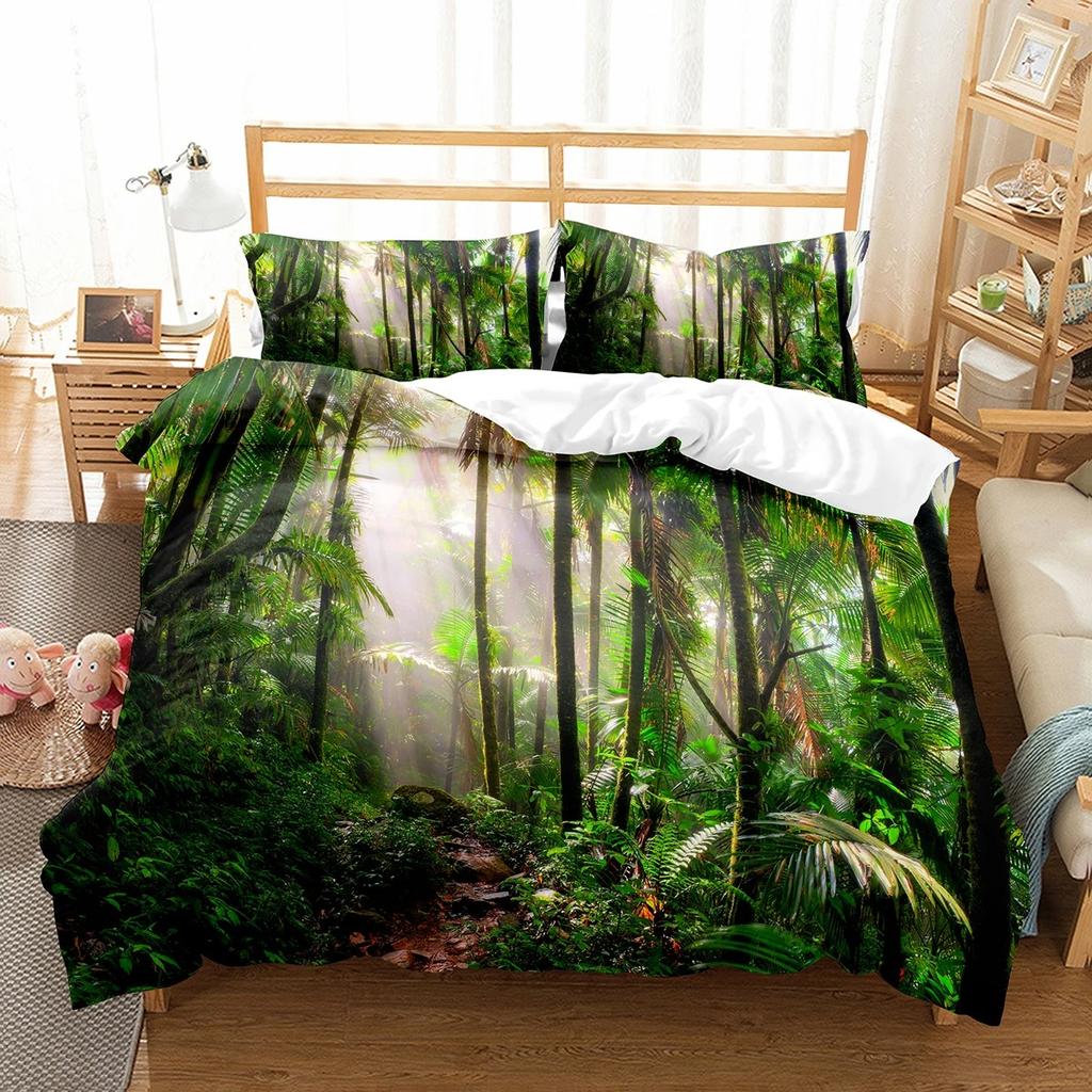 Tema Giungla Verde Copripiumino Matrimoniale King Queen Set Biancheria da Letto Alberi della Foresta Coperta Trapuntata Paesaggio Naturale Copripiumino in Poliestere